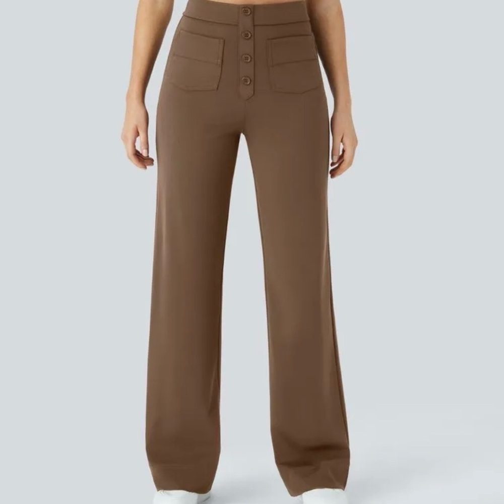 HALARA Chocolate Brown High-Waist Wide Leg Trousers with Button Fly